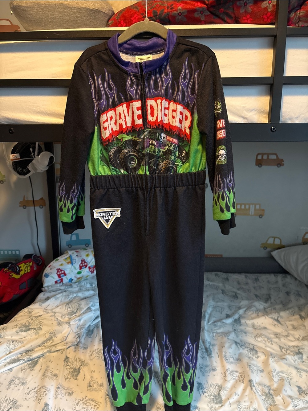 Gravedigger Monster Jam Kids One-Piece Costume - Black, Green, Purple